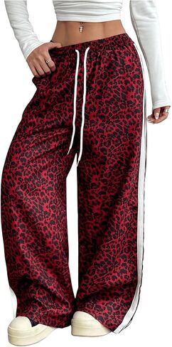 Women's Y2K Leopard Print Pants Drawstring Waist Side Striped Pants Baggy Wide Leg Loose Trousers with Pockets in Saudi Arabia