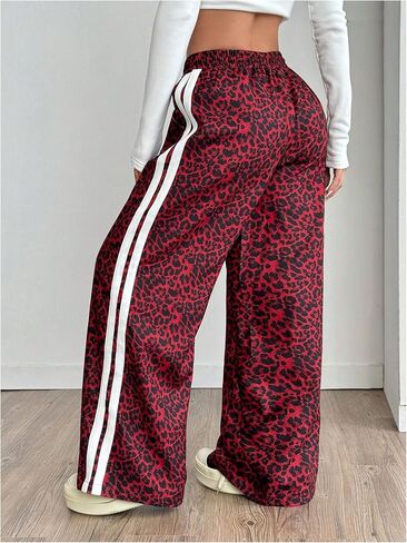 Women's Y2K Leopard Print Pants Drawstring Waist Side Striped Pants Baggy Wide Leg Loose Trousers with Pockets in Saudi Arabia