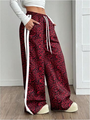 Women's Y2K Leopard Print Pants Drawstring Waist Side Striped Pants Baggy Wide Leg Loose Trousers with Pockets in Saudi Arabia