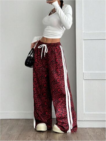Women's Y2K Leopard Print Pants Drawstring Waist Side Striped Pants Baggy Wide Leg Loose Trousers with Pockets in Saudi Arabia