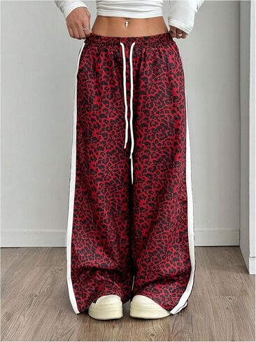 Women's Y2K Leopard Print Pants Drawstring Waist Side Striped Pants Baggy Wide Leg Loose Trousers with Pockets in Saudi Arabia