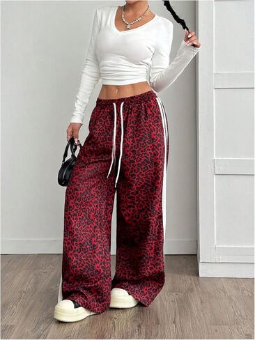 Women's Y2K Leopard Print Pants Drawstring Waist Side Striped Pants Baggy Wide Leg Loose Trousers with Pockets in Saudi Arabia