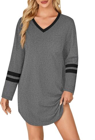 KIFOVEN Women's Cotton Nightgown V Neck Long Sleeve Sleepshirt Casual Nightshirt Nightdress Sleepwear in Saudi Arabia