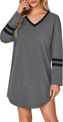 KIFOVEN Women's Cotton Nightgown V Neck Long Sleeve Sleepshirt Casual Nightshirt Nightdress Sleepwear in Saudi Arabia