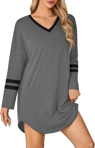 KIFOVEN Women's Cotton Nightgown V Neck Long Sleeve Sleepshirt Casual Nightshirt Nightdress Sleepwear in Saudi Arabia