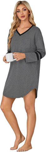 KIFOVEN Women's Cotton Nightgown V Neck Long Sleeve Sleepshirt Casual Nightshirt Nightdress Sleepwear in Saudi Arabia