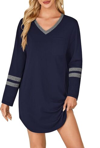 KIFOVEN Women's Cotton Nightgown V Neck Long Sleeve Sleepshirt Casual Nightshirt Nightdress Sleepwear in Saudi Arabia
