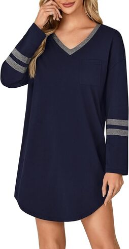 KIFOVEN Women's Cotton Nightgown V Neck Long Sleeve Sleepshirt Casual Nightshirt Nightdress Sleepwear in Saudi Arabia