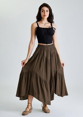 تنورة Scarlet Darkness ماكسي للنساء ذات خصر عالٍ وكشكشة وتنانير طويلة من عصر النهضة مع جيوب in Kuwait