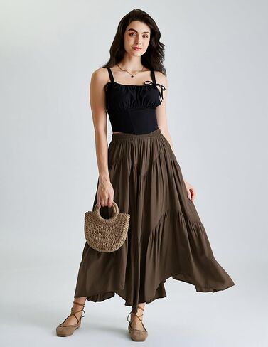 تنورة Scarlet Darkness ماكسي للنساء ذات خصر عالٍ وكشكشة وتنانير طويلة من عصر النهضة مع جيوب in Kuwait