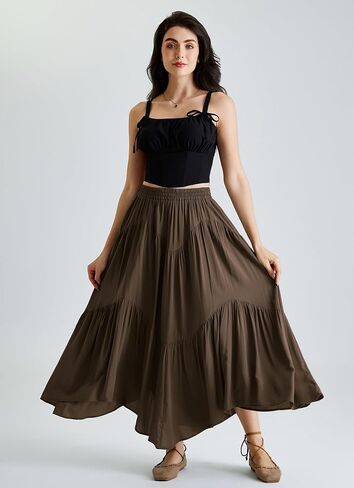 تنورة Scarlet Darkness ماكسي للنساء ذات خصر عالٍ وكشكشة وتنانير طويلة من عصر النهضة مع جيوب in Kuwait