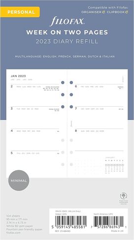 Filofax Calendar Diary Refill, Personal/Compact Size, Week-to-View, Minimal Diary Pack, White Paper, Multilingual: Five Languages, 2024 (C68490-24) in Saudi Arabia