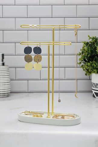 Jewelry Organizer - Jewelry Stand - Holder for Your Earring, Necklace, Bracelet and Headband Storage - Jewelry Organizer Tree Stand - Display Tower Organizer for Jewelry (White with Print + Black) in Saudi Arabia