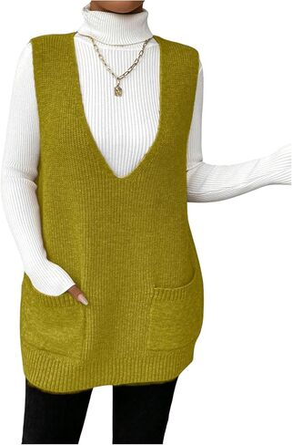 SHENHE Women's Deep V Neck Long Sweater Vest Casual Loose Knit Tunic Pullover with Pockets in Saudi Arabia
