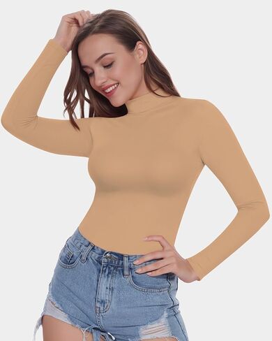 MANGOPOP Women's Mock Turtle Neck Fleece Lined Long Sleeve Thermal Underwear T Shirt Tops Tee in Kuwait