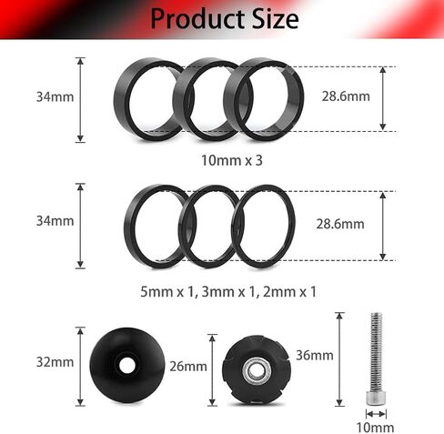 9Pcs Bike Headset Spacer Set, Aluminium Alloy Bicycle Headset Spacer Set Bicycle Front Fork Stem Spacers Kit for MTB BMX Mountain Road Bikes Cycling (1-1/8 inch/28.6mm) in Saudi Arabia
