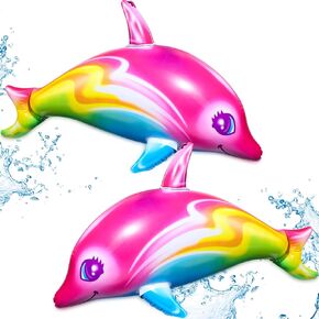 Zhanmai Dolphin Rainbow Inflatable Pool Toy 36 Inch Colorful Pink Poolside Aquatic Themed Decor Inflate Pool Beach Birthday Party Decoration (6)