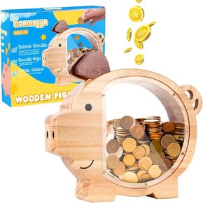 Wooden Piggy Bank for Kids, Hoamayya Cute Unique Money Bank for Boys Girls, Natural Wood Coin Bank, Creative Saving Money Jar Box Present for Child Birthday, Christmas, Easter, Festival Gift/Decor