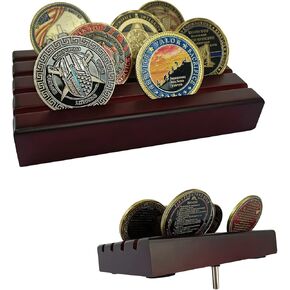 Military Challenge Coins Display Holder Solid Wood,Challenge Coin Stand Holds 30 Coins , 4 Row Military Coin Holder Rack for Desk,Challenge Coin Display Case for Collectors, Red