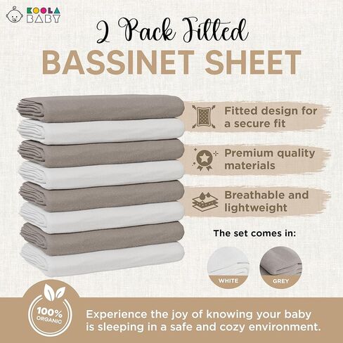 Bassinet Sheet for Bassinet Mattress - 100% Organic Jersey Knit Cotton - Snuggly Soft & Cozy Crib Sheets Fitted for Oval Rectangle & KoolaBaby Bedside Sleeper - White & Grey - 2 Pack (33 x 20) in Kuwait