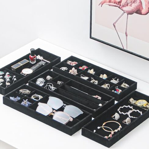 Divided Drawer Organizer Tray, Velvet Jewelry Storage Tray, Necklace Bracelet Ring Earring Display Tray,Bedside Nightstand Desk Holder Tray for Phone Watch Sunglasses Cosmetics Storage/Beige/12grid in Kuwait