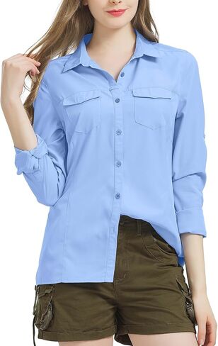 Women UPF 50+ Sun Protection Safari Shirts Quick Dry Lightweight Outdoor Fishing Hiking Travel Shirts with Zipper Pockets,5073 Army M in Kuwait