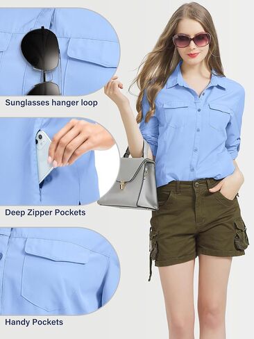 Women UPF 50+ Sun Protection Safari Shirts Quick Dry Lightweight Outdoor Fishing Hiking Travel Shirts with Zipper Pockets,5073 Army M in Kuwait