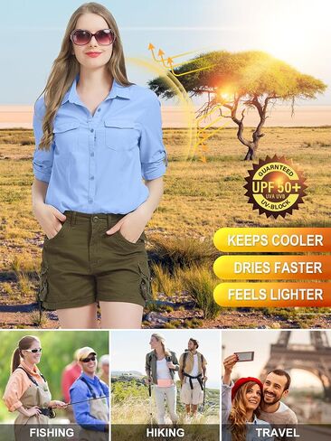 Women UPF 50+ Sun Protection Safari Shirts Quick Dry Lightweight Outdoor Fishing Hiking Travel Shirts with Zipper Pockets,5073 Army M in Kuwait