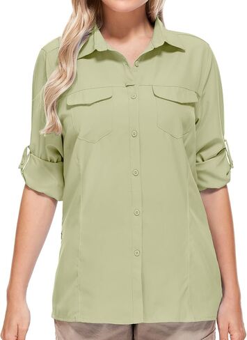 Women UPF 50+ Sun Protection Safari Shirts Quick Dry Lightweight Outdoor Fishing Hiking Travel Shirts with Zipper Pockets,5073 Army M in Kuwait