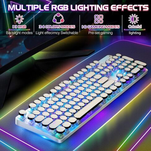YSCP Typewriter Style Mechanical Gaming Keyboard RGB Backlit Wired with Blue Switch Retro Round Keycap 104 Keys Keyboard (R-White) in Kuwait