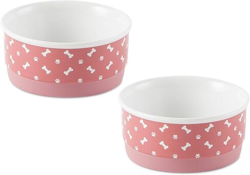 أوعية الحيوانات الأليفة المصنوعة من السيراميك الجاف على شكل عظمة، قاعدة آمنة للاستخدام في الميكروويف وغسالة الأطباق من أجل تغذية آمنة مع فوضى أقل، مجموعة أوعية متوسطة الحجم، 6 × 2، وردي، عدد 2 in Kuwait
