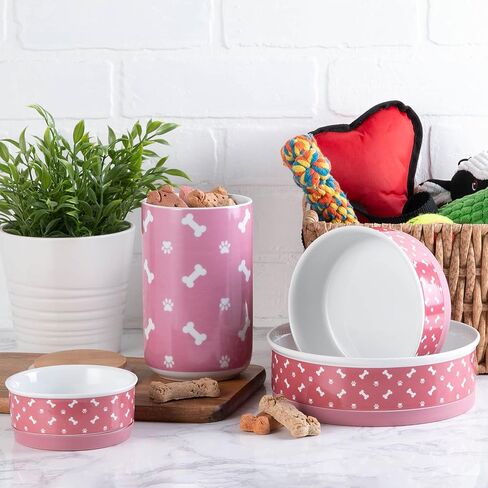 أوعية الحيوانات الأليفة المصنوعة من السيراميك الجاف على شكل عظمة، قاعدة آمنة للاستخدام في الميكروويف وغسالة الأطباق من أجل تغذية آمنة مع فوضى أقل، مجموعة أوعية متوسطة الحجم، 6 × 2، وردي، عدد 2 in Kuwait