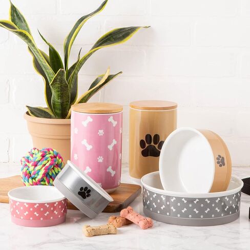 أوعية الحيوانات الأليفة المصنوعة من السيراميك الجاف على شكل عظمة، قاعدة آمنة للاستخدام في الميكروويف وغسالة الأطباق من أجل تغذية آمنة مع فوضى أقل، مجموعة أوعية متوسطة الحجم، 6 × 2، وردي، عدد 2 in Kuwait