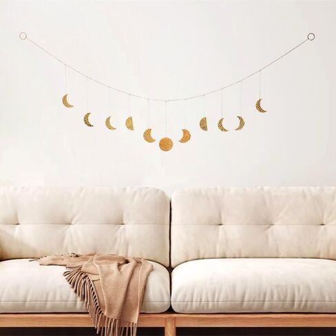 Reyife Boho Room Wall Decor Aesthetic Gold Moon Phase Wall Hanging for Bedroom College Dorm Bohemian 51.2" Above Bed Wall Decor Wall Accents Decoration Art Ideal Gift for Girls Mom (9 Moons) in Saudi Arabia