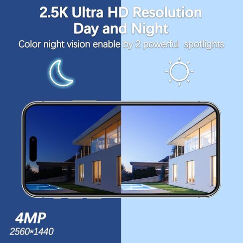4MP Solar Security Camera Wireless Outdoor, 6 Spotlights and 2.5K HD Color Night Vision Battery Powered Camera with 2.4GHz Wifi, APP Control, PIR Sensor, 2-Way Audio, IP66, SD Card/Cloud Storage in Kuwait