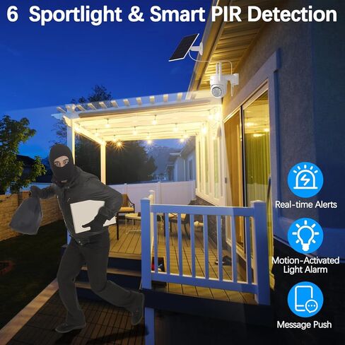 4MP Solar Security Camera Wireless Outdoor, 6 Spotlights and 2.5K HD Color Night Vision Battery Powered Camera with 2.4GHz Wifi, APP Control, PIR Sensor, 2-Way Audio, IP66, SD Card/Cloud Storage in Kuwait