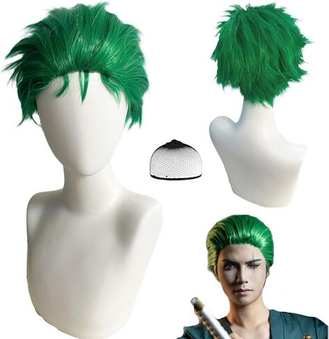 Green Styled Cosplay Wig Short Wavy Anime Wigs for Men Halloween Costume with Wig Cap Curly Green in Saudi Arabia