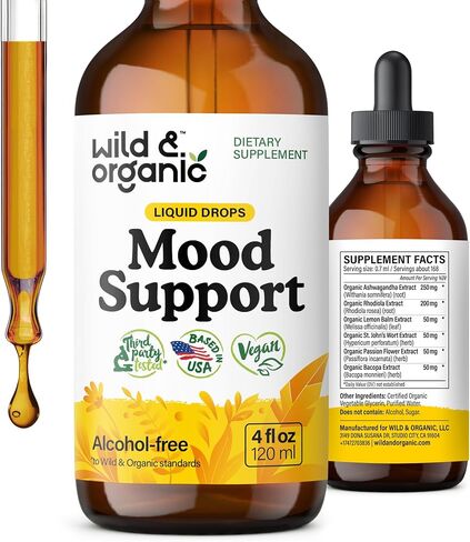 Wild & Organic Mood Support Drops - Good Mood Supplements w/Ashwagandha Root & Rhodiola Rosea - Natural Liquid Drops for Positive Energy - Calm and Relax Supplements for Women and Men - 2 oz in Kuwait