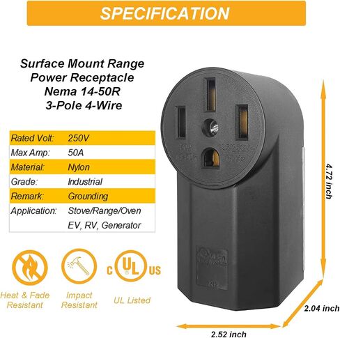 Nema 6-50 Receptacle Industrial Grade 50 Amp Outlet Surface Mount Receptacle for EV, Plasma Cutter and Welder Outlet, 2-Pole 3-Wire, Black (Nema 6-50r) in Kuwait