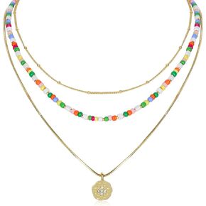 Multilayered Colorful Turquoise Beaded Necklace for Women with Smiley Face Charm Letter A Bohemian Beads Choker Necklace with Pendant Adjustable Gold Chain Boho Summer Beach Jewelry Gift for Women