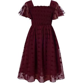 Kids4ever 6-12T Girls Chiffon Dress with Solid Pom Poms & Flutter Ruffle Short Sleeve Kids Lace Square Neck Frocks