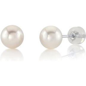 THE PEARL SOURCE Round White Freshwater Real Pearl Earrings for Women - 14k Gold Stud Earrings | Hypoallergenic Earrings with Genuine Cultured Pearls, Pearl Gifts for Christmas, Holidays and Anniversary