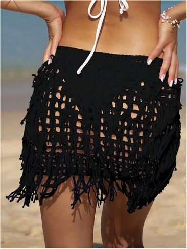 Verdusa Women's Fringe Trim Hollow Out Crochet Short Skirt Cover Up in Saudi Arabia