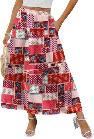 Zeagoo Women's Maxi Skirts Boho High Waist Pleated A-Line Flowy Swing Asymmetric Tiered Long Beach Skirt with Pockets in Saudi Arabia