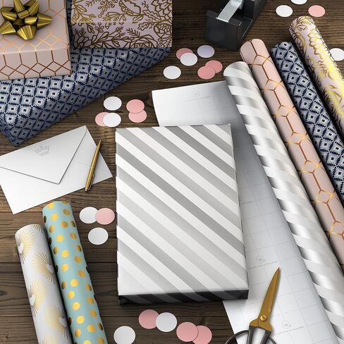 Hallmark Bulk Wrapping Paper Rolls for Birthday, Wedding, Graduation – Blue Metallic Gift Wrap Paper (Set of 6 Rolls: 180 Square Feet Total) Silver Stars, Gold Dots, Stripes, Navy in Saudi Arabia