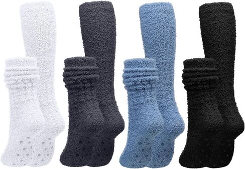 Foaincore 4 Pairs Non Slip Fuzzy Slouch Socks Slouchy Hospital Socks Anti Skid Fluffy Knee High Socks Winter Fuzzy Slipper Socks With Grips For Women Girls Home Sleep Hospital Christmas Gifts in Saudi Arabia