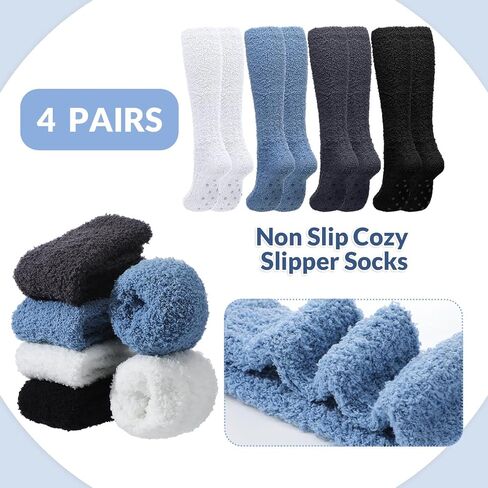 Foaincore 4 Pairs Non Slip Fuzzy Slouch Socks Slouchy Hospital Socks Anti Skid Fluffy Knee High Socks Winter Fuzzy Slipper Socks With Grips For Women Girls Home Sleep Hospital Christmas Gifts in Saudi Arabia