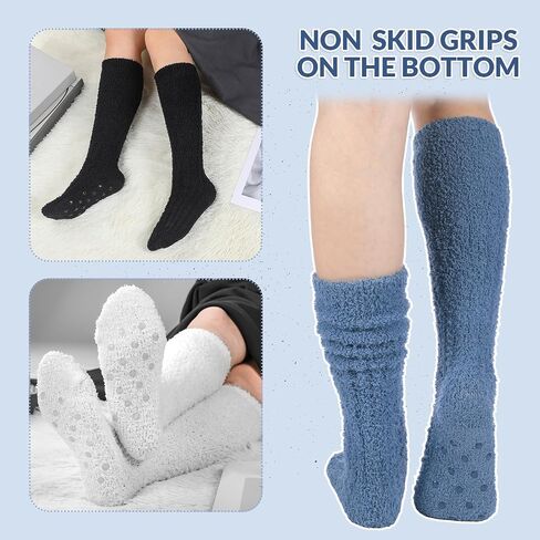 Foaincore 4 Pairs Non Slip Fuzzy Slouch Socks Slouchy Hospital Socks Anti Skid Fluffy Knee High Socks Winter Fuzzy Slipper Socks With Grips For Women Girls Home Sleep Hospital Christmas Gifts in Saudi Arabia