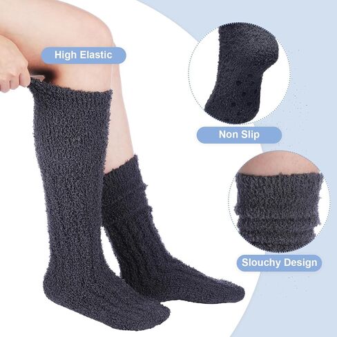 Foaincore 4 Pairs Non Slip Fuzzy Slouch Socks Slouchy Hospital Socks Anti Skid Fluffy Knee High Socks Winter Fuzzy Slipper Socks With Grips For Women Girls Home Sleep Hospital Christmas Gifts in Saudi Arabia