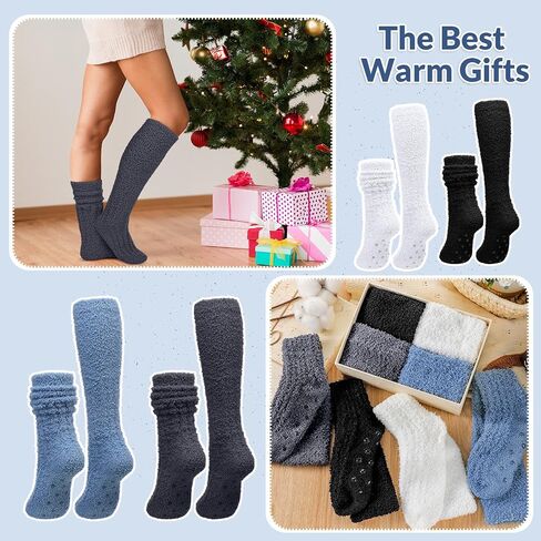 Foaincore 4 Pairs Non Slip Fuzzy Slouch Socks Slouchy Hospital Socks Anti Skid Fluffy Knee High Socks Winter Fuzzy Slipper Socks With Grips For Women Girls Home Sleep Hospital Christmas Gifts in Saudi Arabia